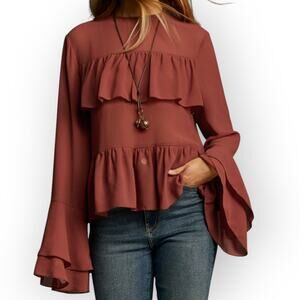 Bell Sleeve Tiered Ruffle Red Chiffon Blouse Commense XL | Romantic Modern NWT